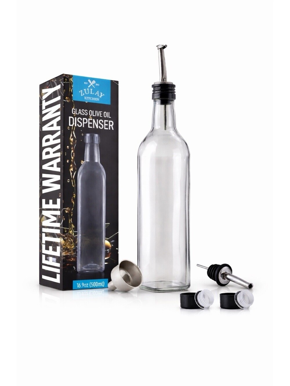 Glass Olive Oil Dispenser Bottle 17 Oz, Clear With Pour Spout, And Accesories